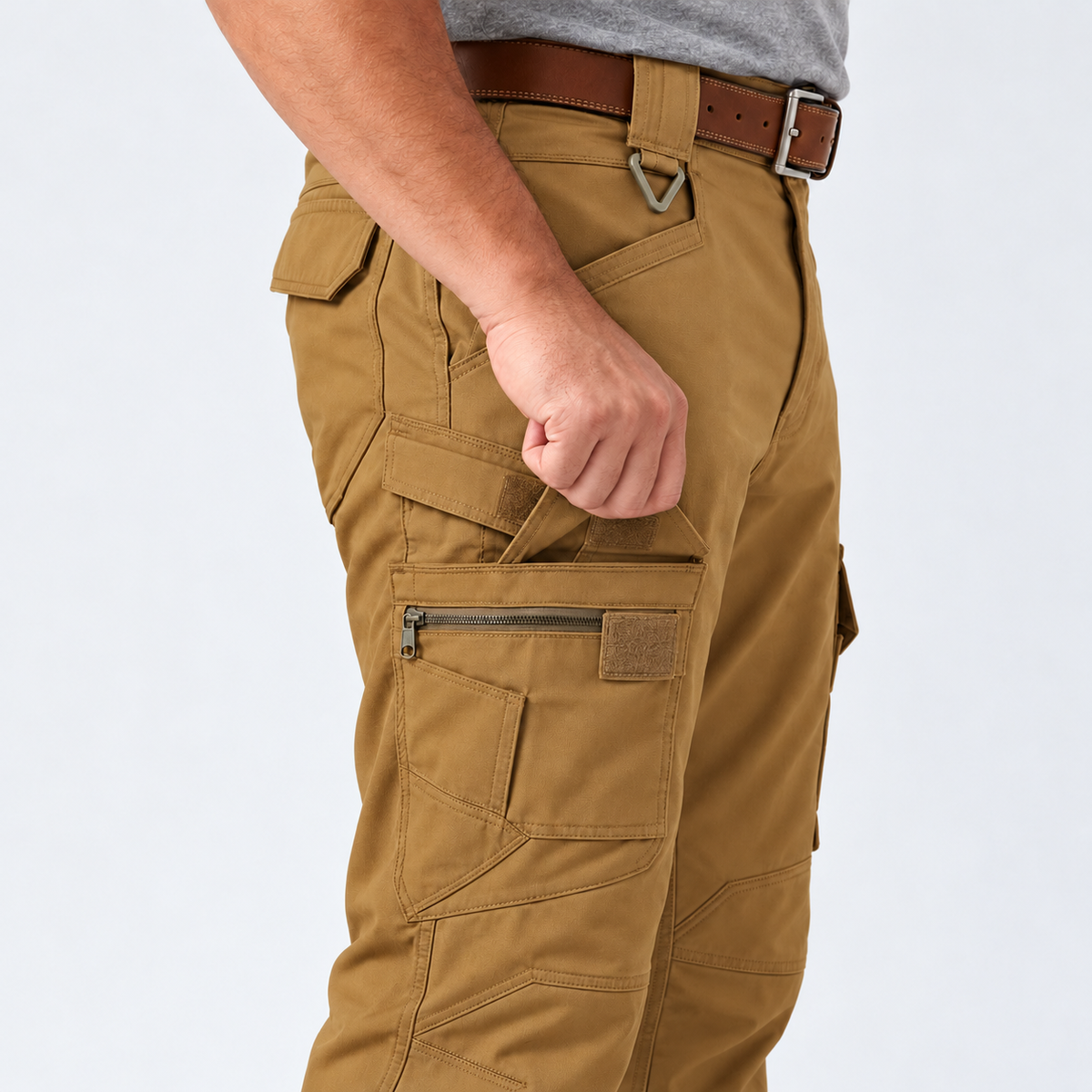 Close-up of practical cargo pockets on men