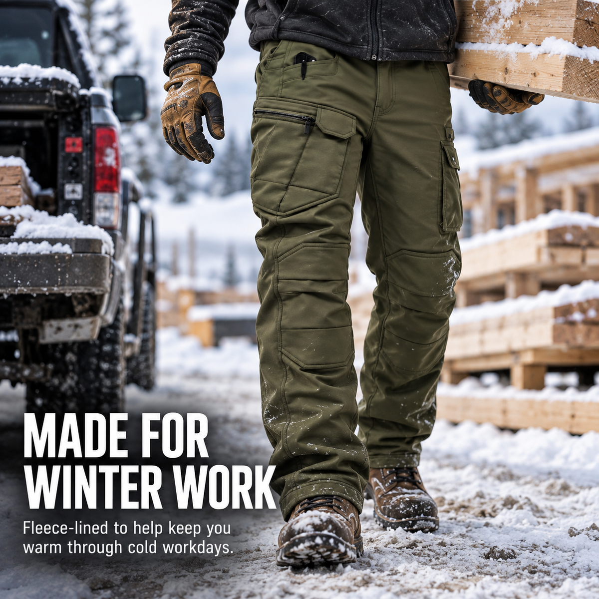 Man wearing fleece-lined cargo pants at a snowy outdoor worksite